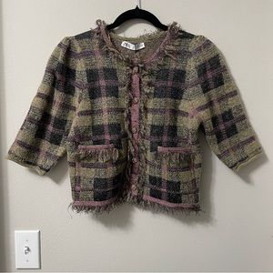 Zara Frayed Tweed Plaid Gold Pearl Button Sweater Jacket Medium